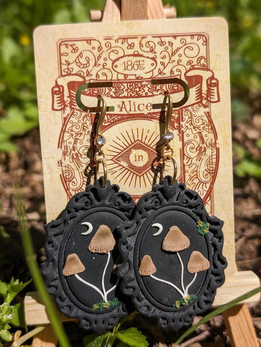 The Henrietta | Black Vintage Ornate Mushroom Frame Clay Earrings