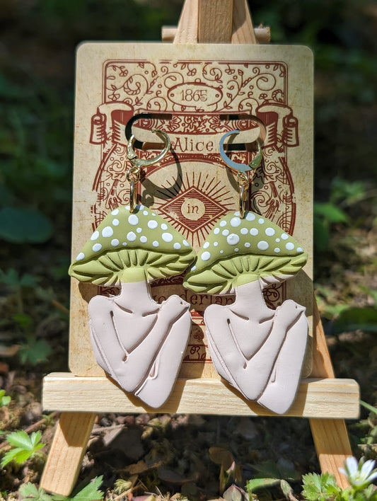 Lady Mushroom | Green + Beige Mushroom Lady Clay Earrings