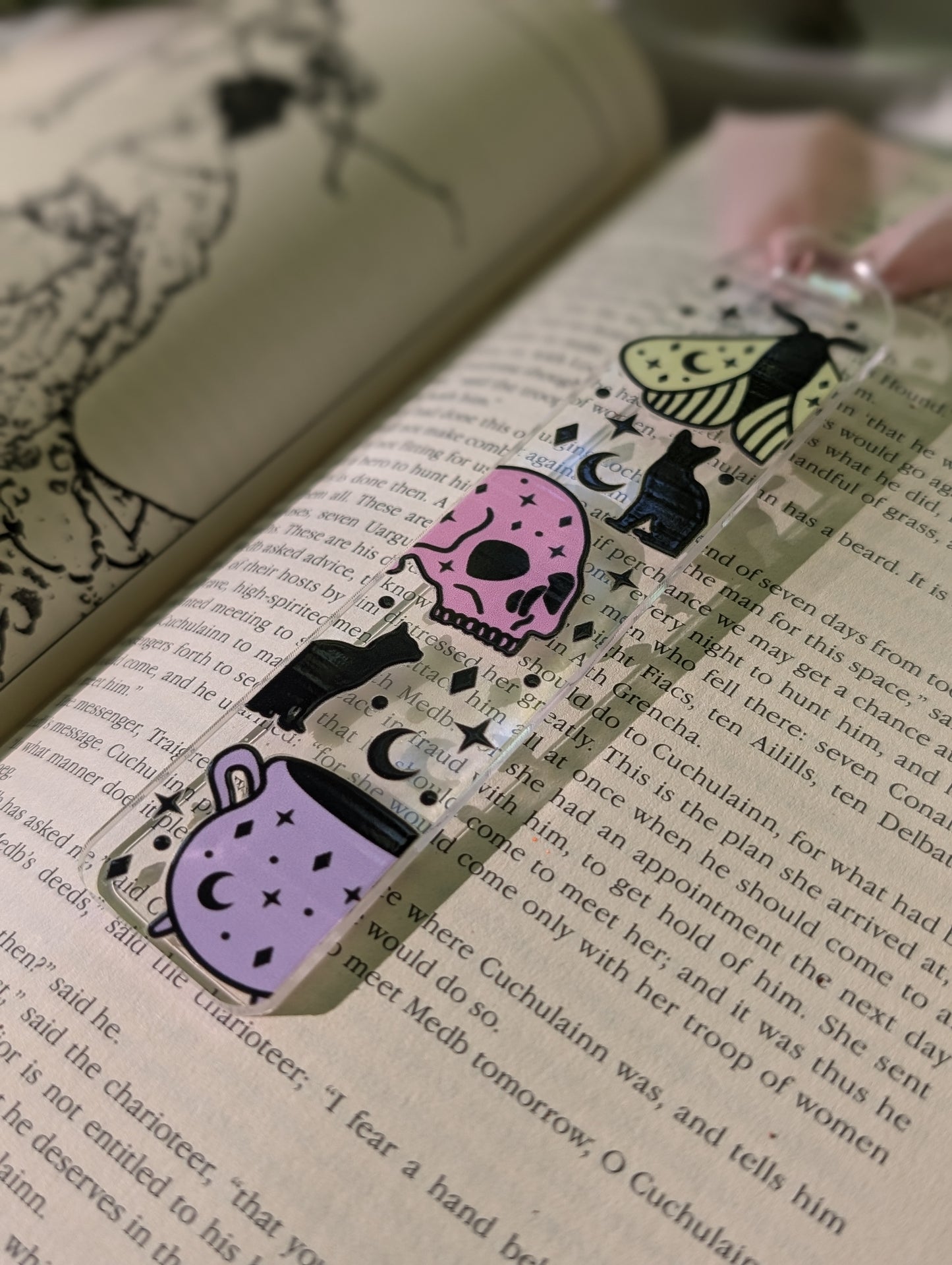 Skulls, Black Cats & Moths Oh My | Halloween Acrylic Bookmark